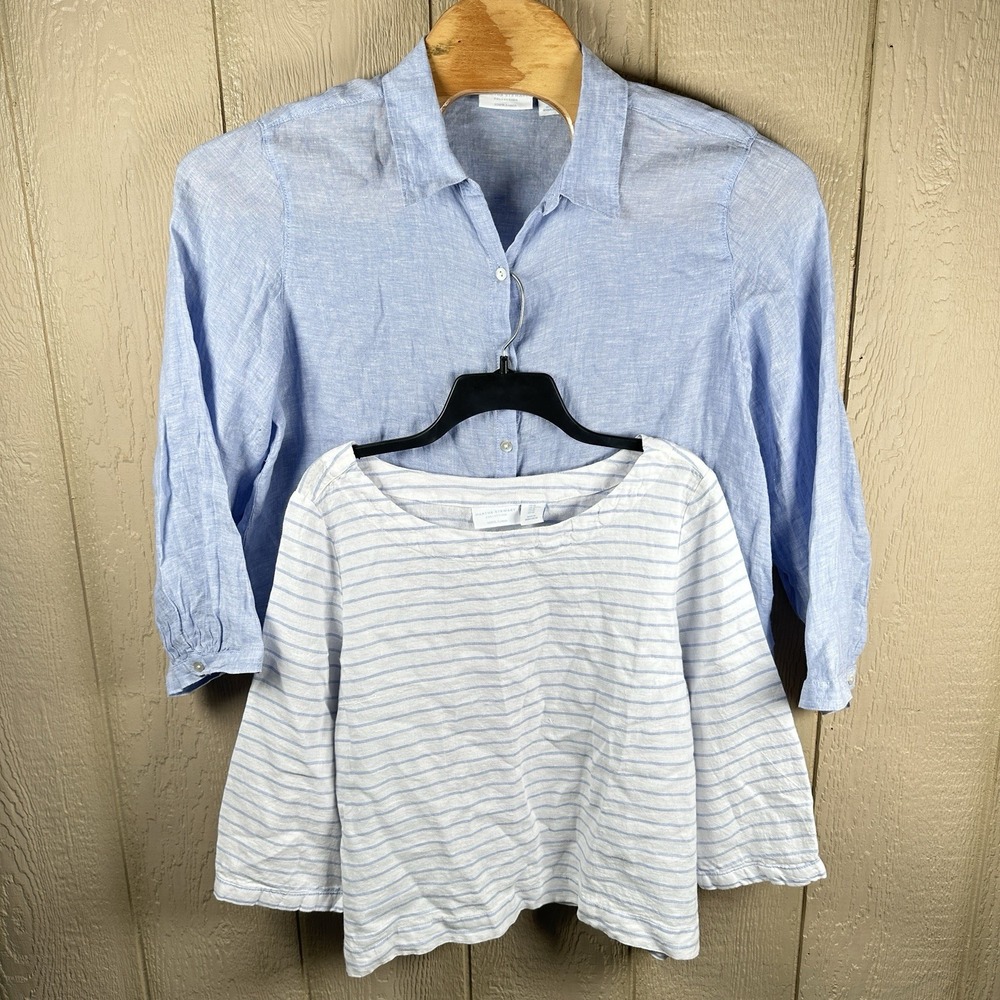 Martha Stewart Linen Blouse Top Womens XL Blue Striped Lot of 2 Coastal Relaxed